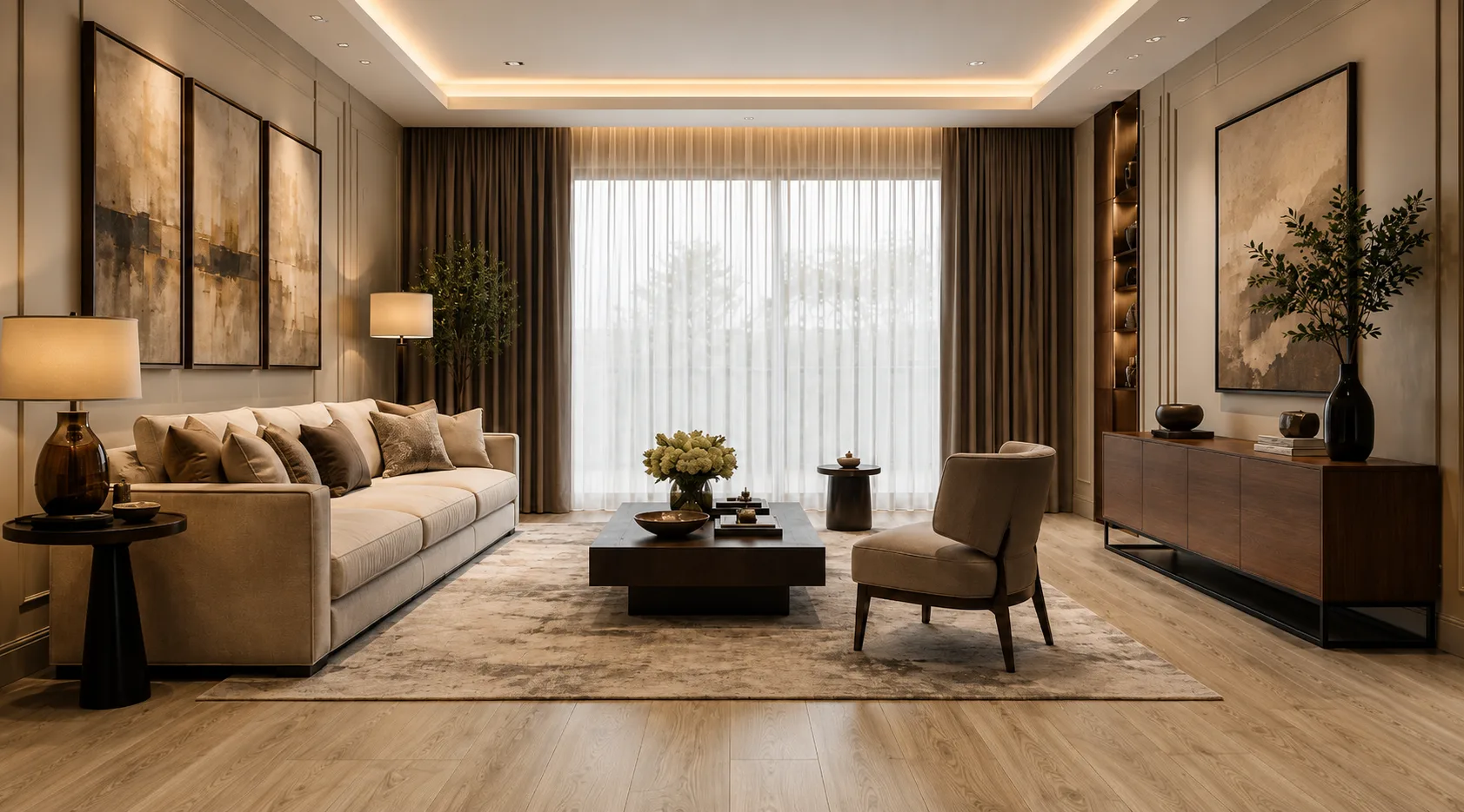 Living room with wooden flooring, furniture and blinds in Business Bay