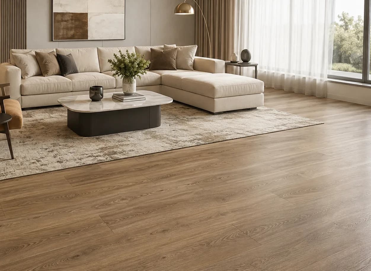 Living room with LVT wood flooring, sofa and leather armchair
