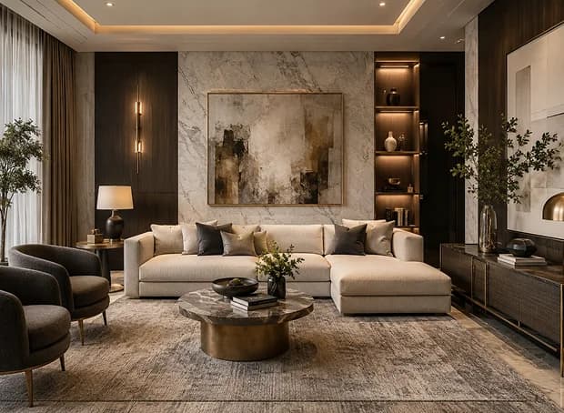 Living room with a beige sectional sofa, marble feature wall and round brass coffee table